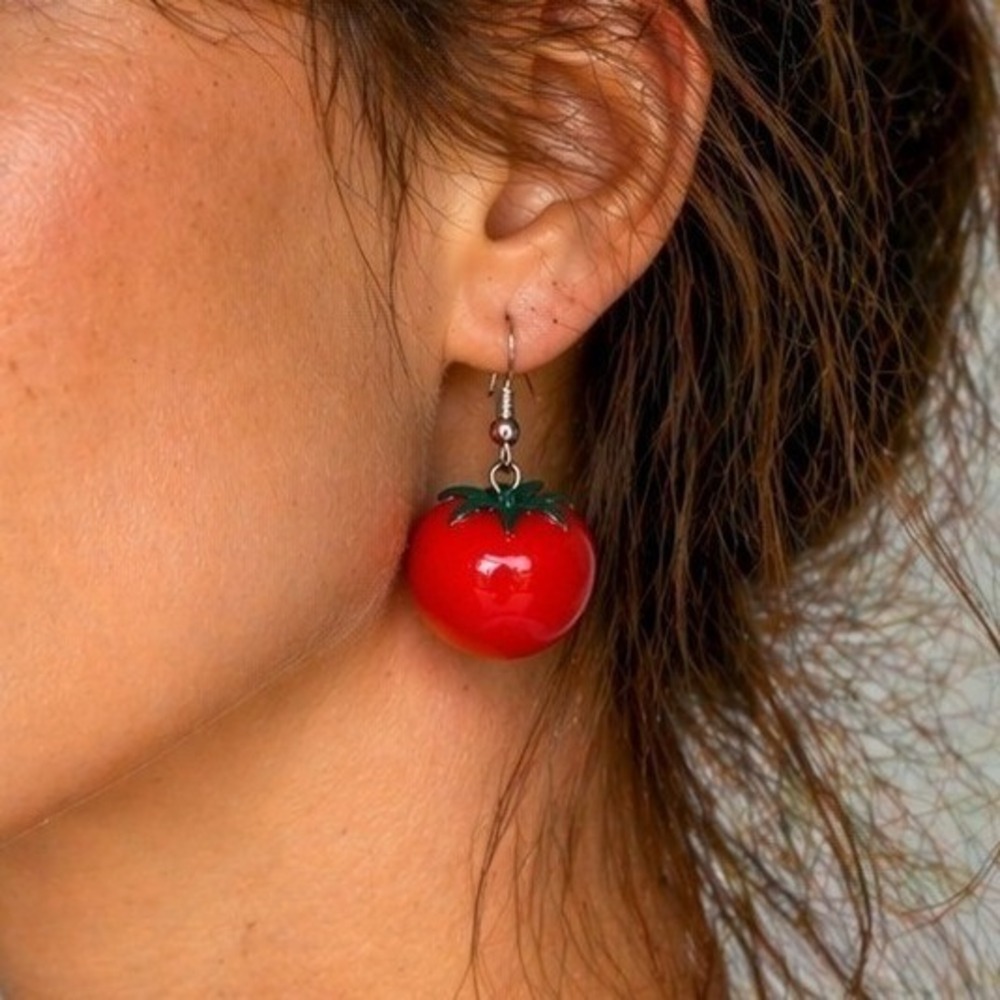 Tomato Earrings Red Resin Fruit Dangle Cute Foodie Kitsch Cottage Summer